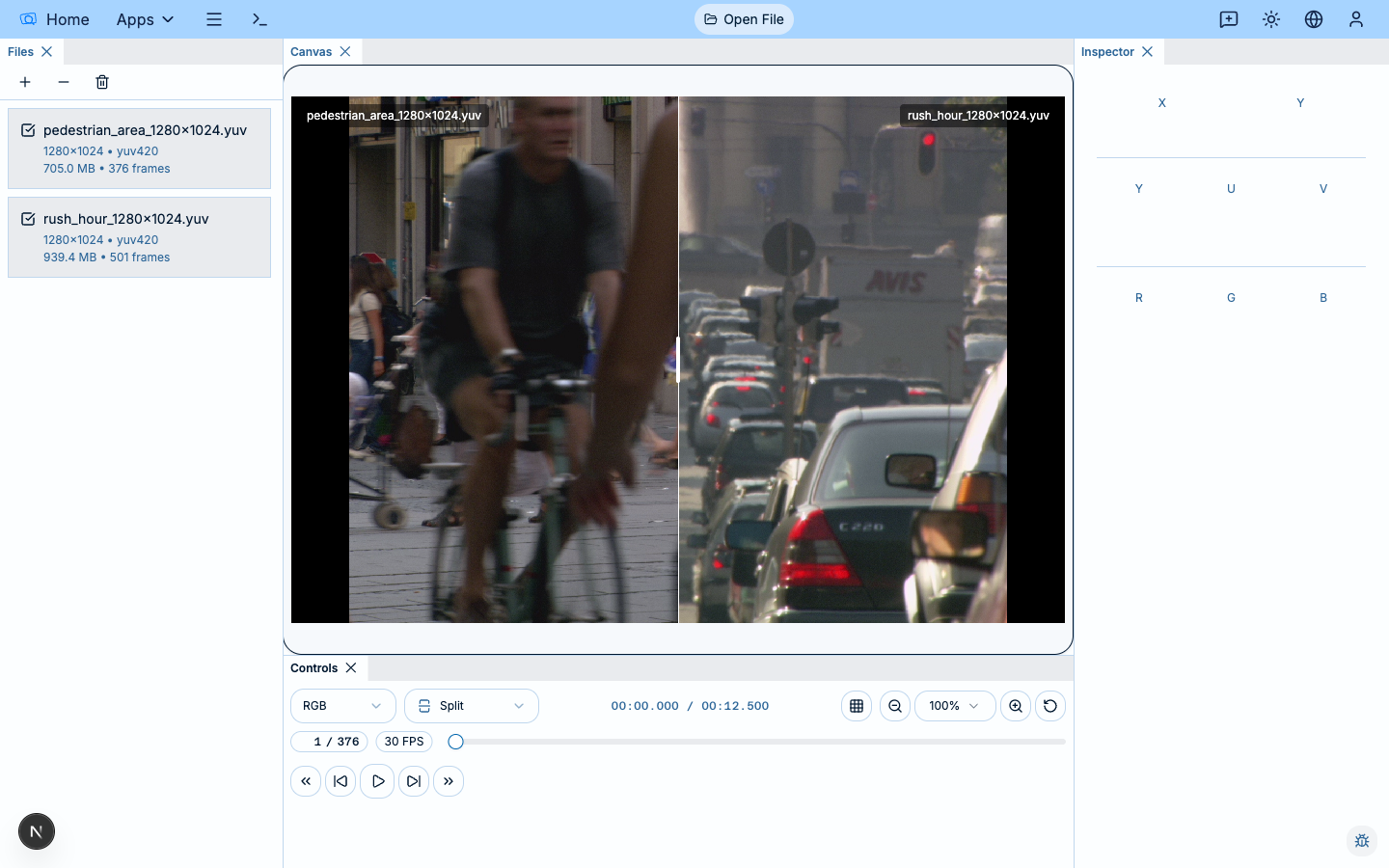 Split Screen comparison with two YUV files separated by a draggable divider
